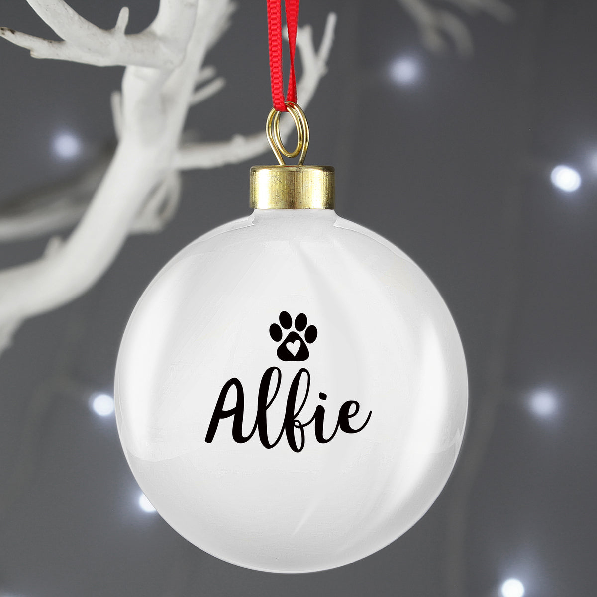 Personalised Pet Paw Print Ceramic Christmas Bauble with personalised text, view 3