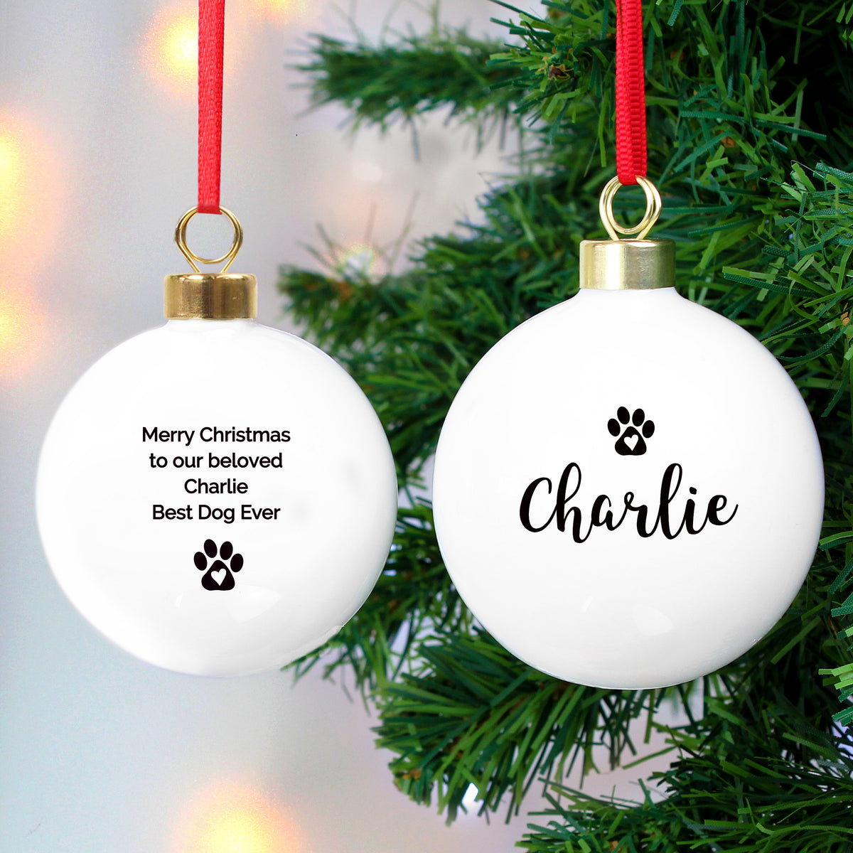 Personalised Pet Paw Print Ceramic Christmas Bauble with personalised text, view 2