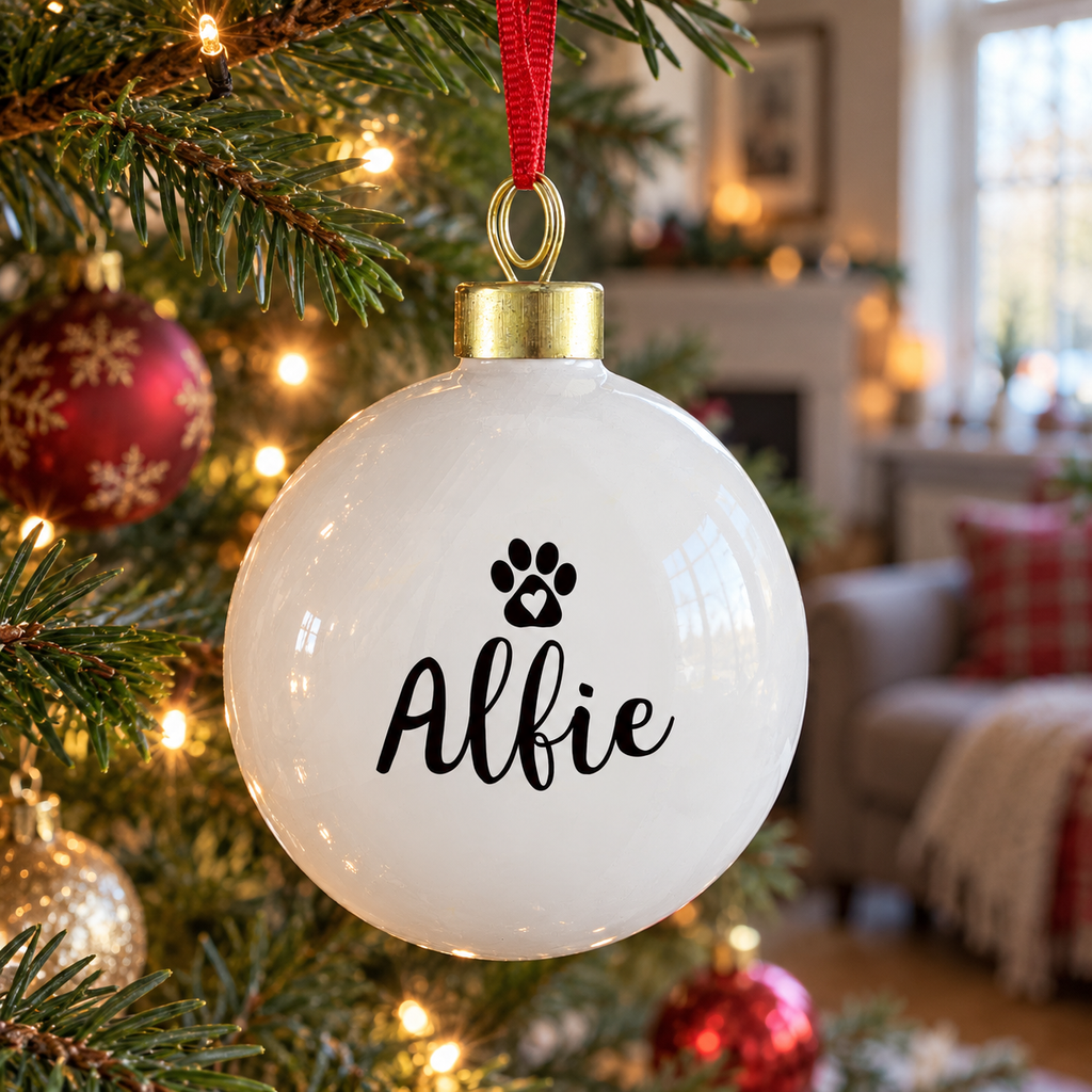 Personalised pet paw print ceramic Christmas bauble hanging on the tree