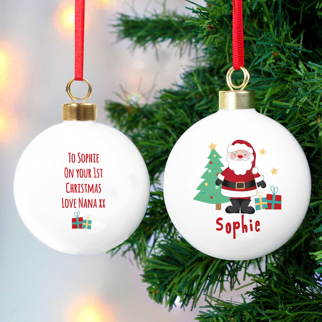Personalised Santa and Presents Bauble with personalised text, view 2
