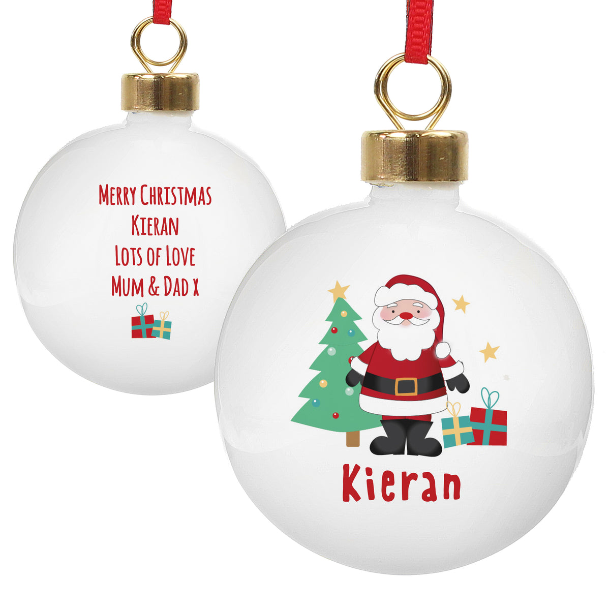 Personalised Santa and Presents Bauble with personalised text, view 3