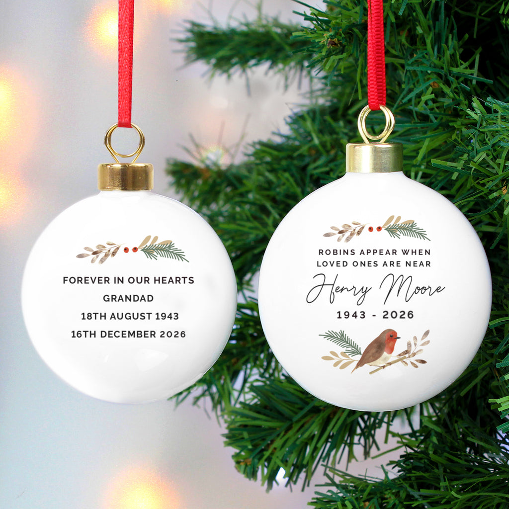 Personalised Robins Appear Memorial Bauble with personalised text, view 3