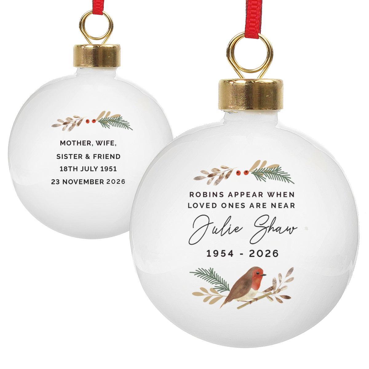 Personalised Robins Appear Memorial Bauble with personalised text, view 2