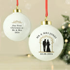 Personalised Mr & Mrs Bride and Groom Ceramic Bauble with personalised text, view 5