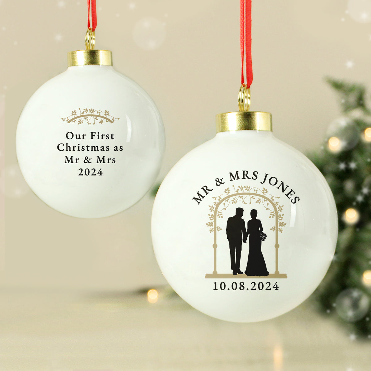Personalised Mr & Mrs Bride and Groom Ceramic Bauble with personalised text, view 5