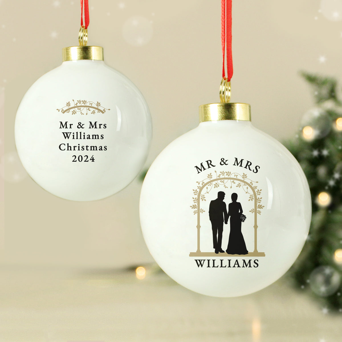 Personalised Mr & Mrs Bride and Groom Ceramic Bauble with personalised text, view 2