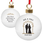 Personalised Mr & Mrs Bride and Groom Ceramic Bauble with personalised text, view 4