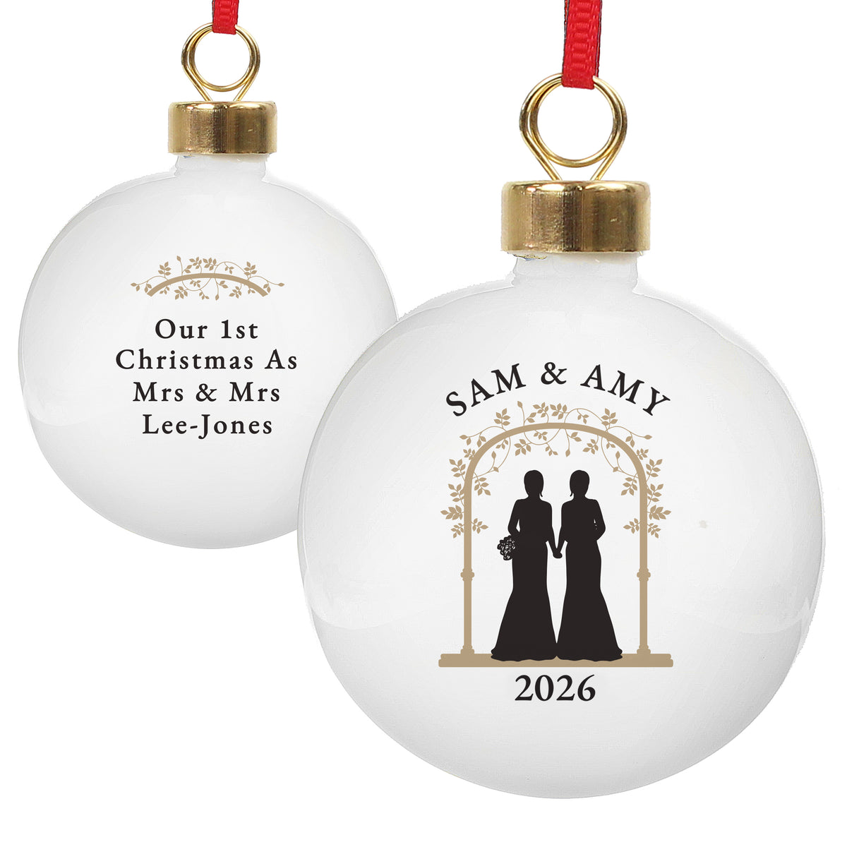 Personalised Mrs & Mrs Christmas Bauble with personalised text, view 4