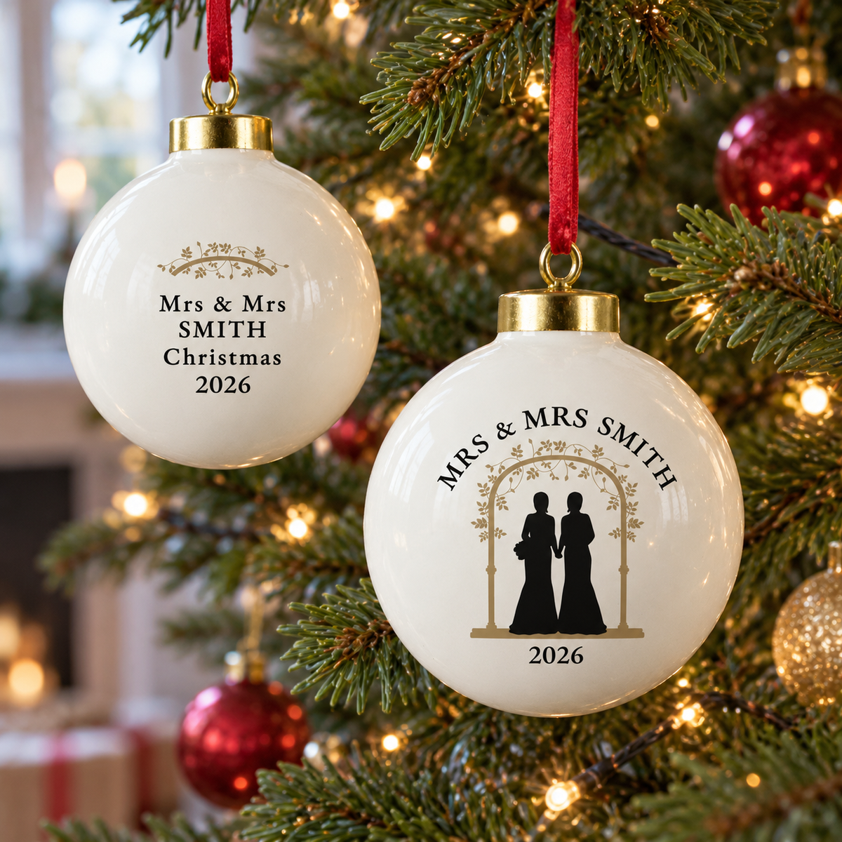 Personalised Mrs & Mrs ceramic Christmas bauble, front and back, hanging on the tree