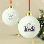 Personalised Nativity Bauble hanging on a Christmas tree