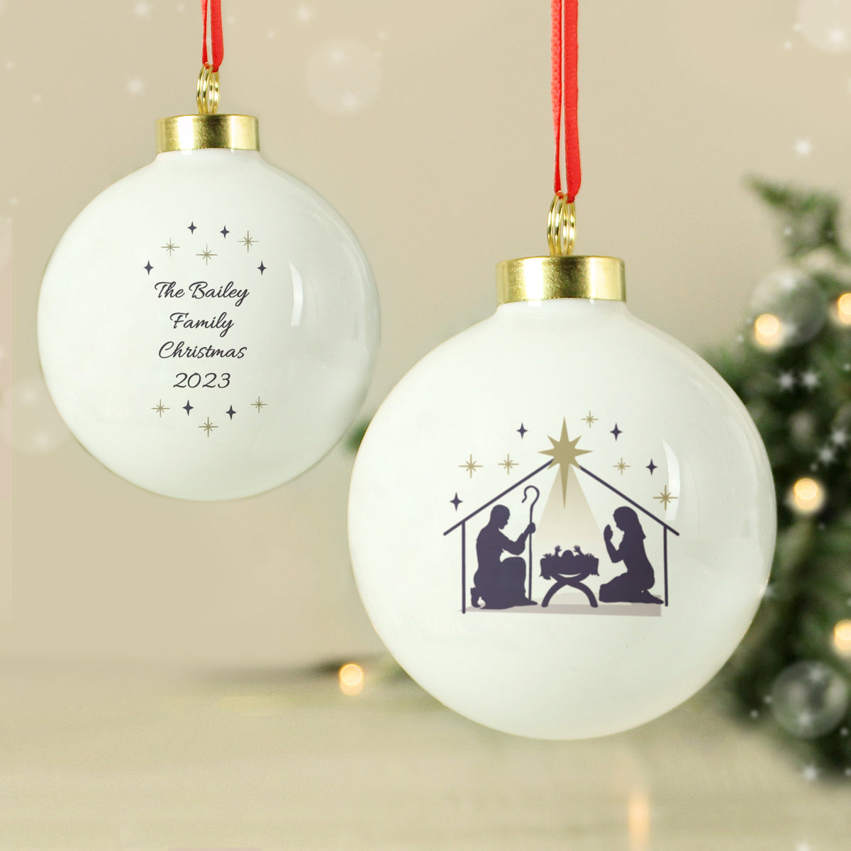 Personalised Nativity Bauble hanging on a Christmas tree