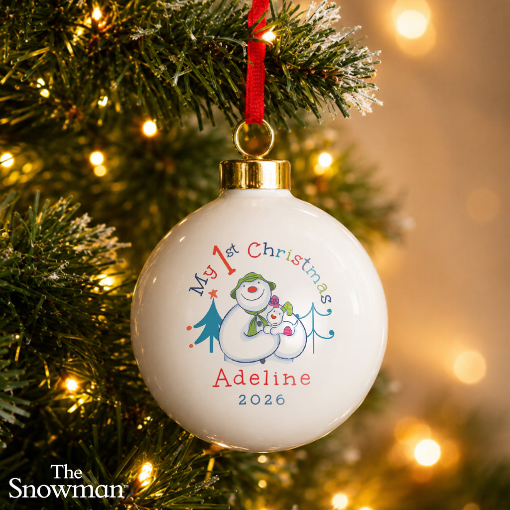 Personalised The Snowman My 1st Christmas Ceramic Bauble with personalised text, view 4