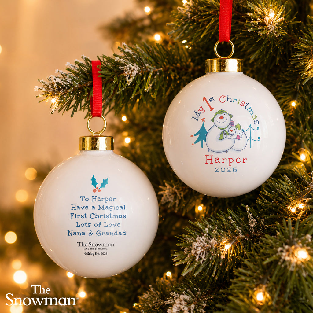 Personalised The Snowman My 1st Christmas Ceramic Bauble with personalised text, view 2