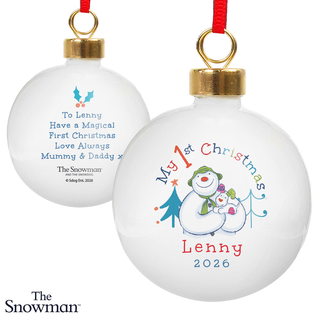 Personalised The Snowman My 1st Christmas Ceramic Bauble with personalised text, view 3
