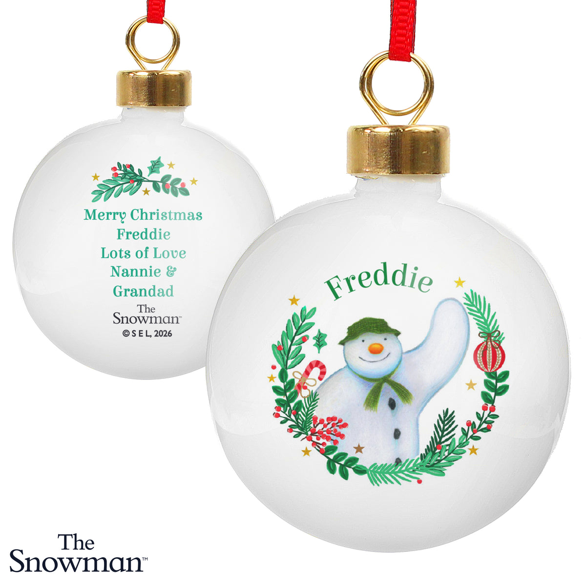 Personalised The Snowman Christmas Wishes Bauble with personalised text, view 3