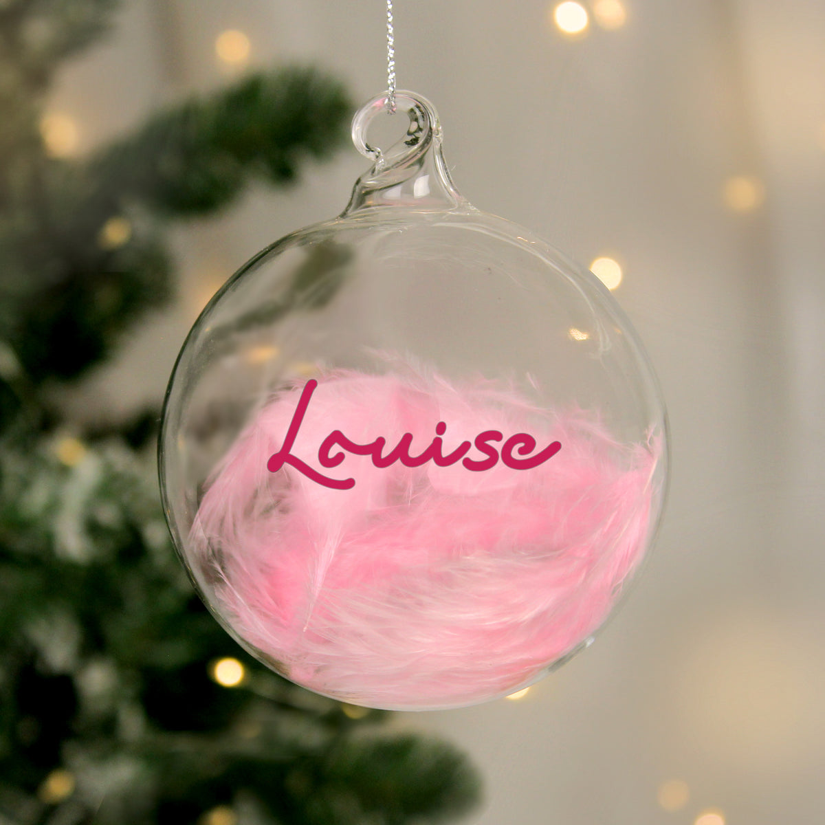 Personalised Pink Feather Glass Bauble with personalised text, view 5