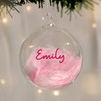Personalised Pink Feather Glass Bauble with personalised text, view 2