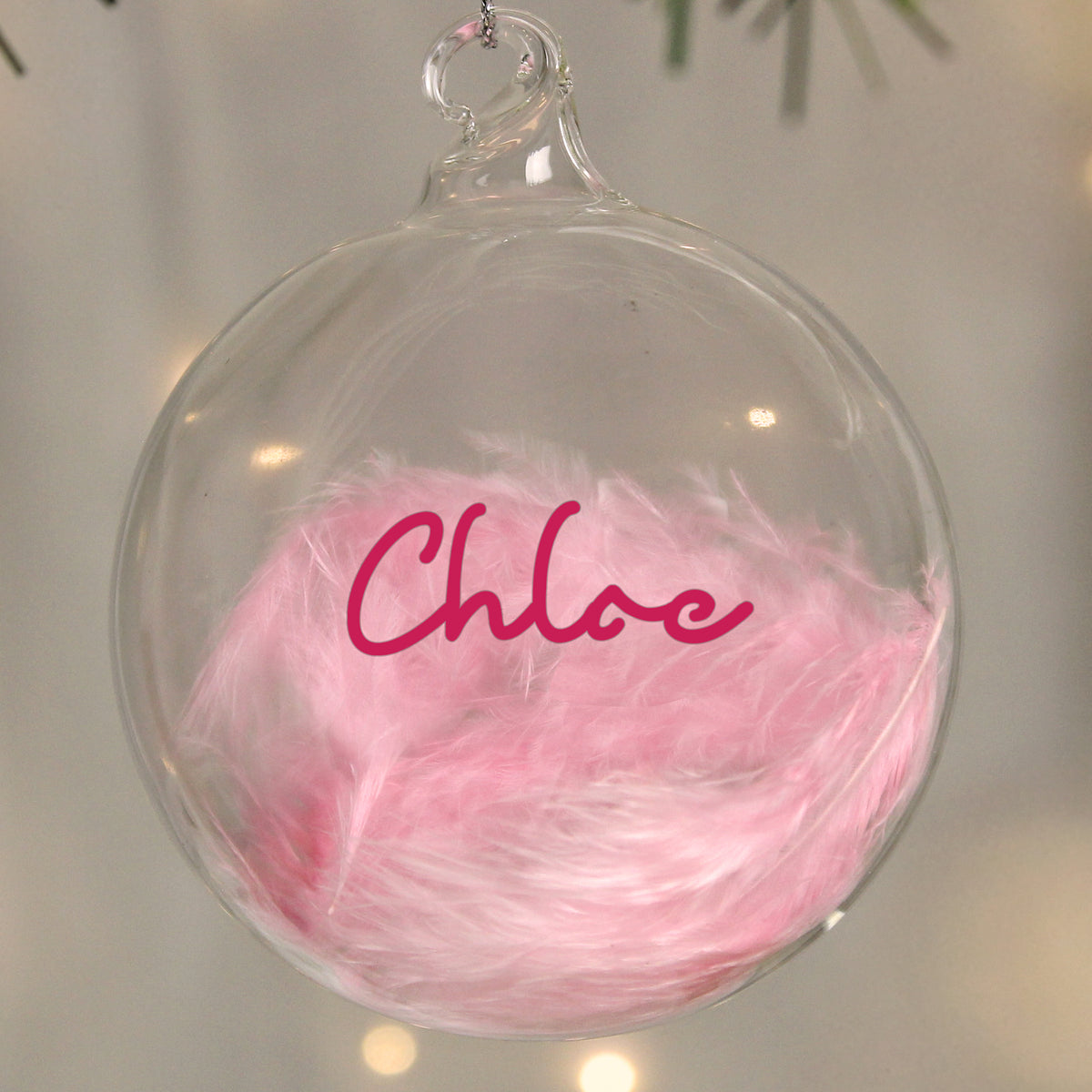 Personalised Pink Feather Glass Bauble with personalised text, view 3