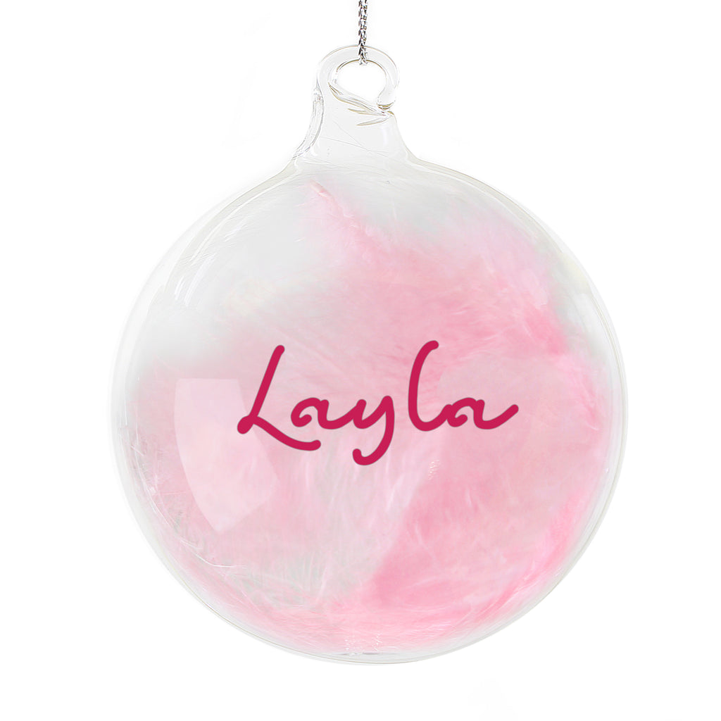 Personalised Pink Feather Glass Bauble with personalised text, view 4