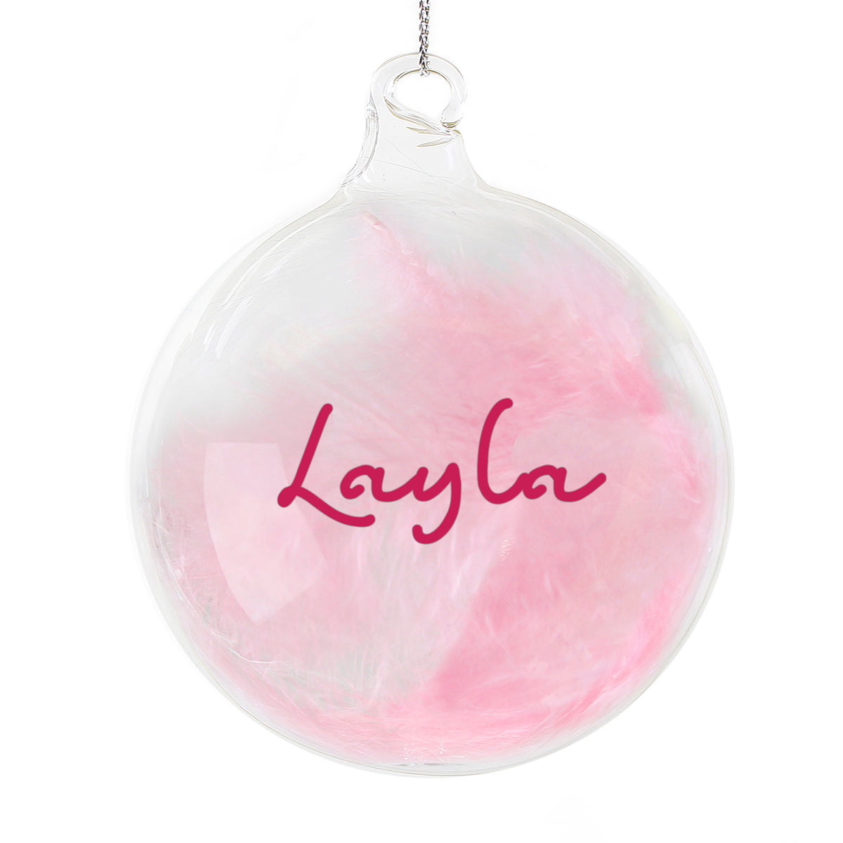 Personalised Pink Feather Glass Bauble with personalised text, view 4