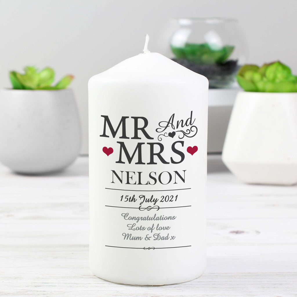 Personalised Mr & Mrs Pillar Candle with personalised text, view 3