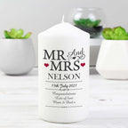 Personalised Mr & Mrs Pillar Candle with personalised text, view 3