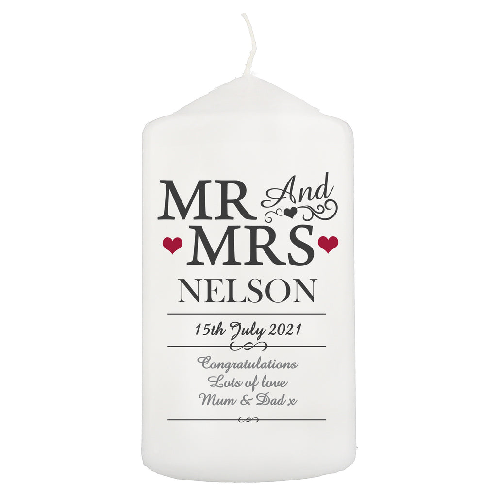 Personalised Mr & Mrs pillar candle with surname, date and message