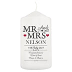 Personalised Mr & Mrs pillar candle with surname, date and message