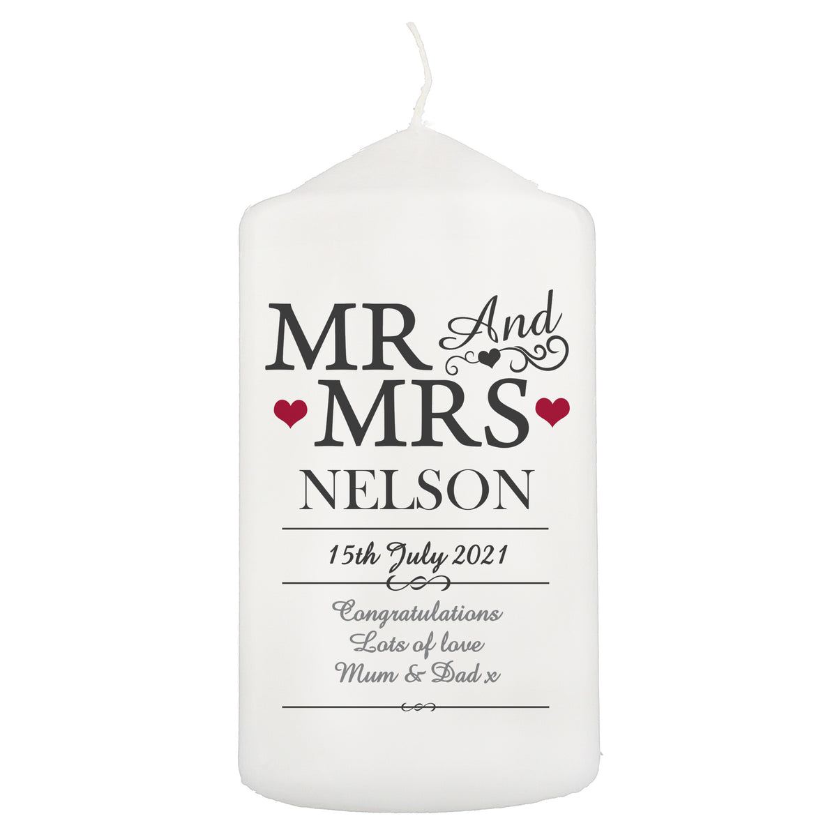 Personalised Mr & Mrs pillar candle with surname, date and message