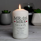 Personalised Mr & Mrs Pillar Candle with personalised text, view 2