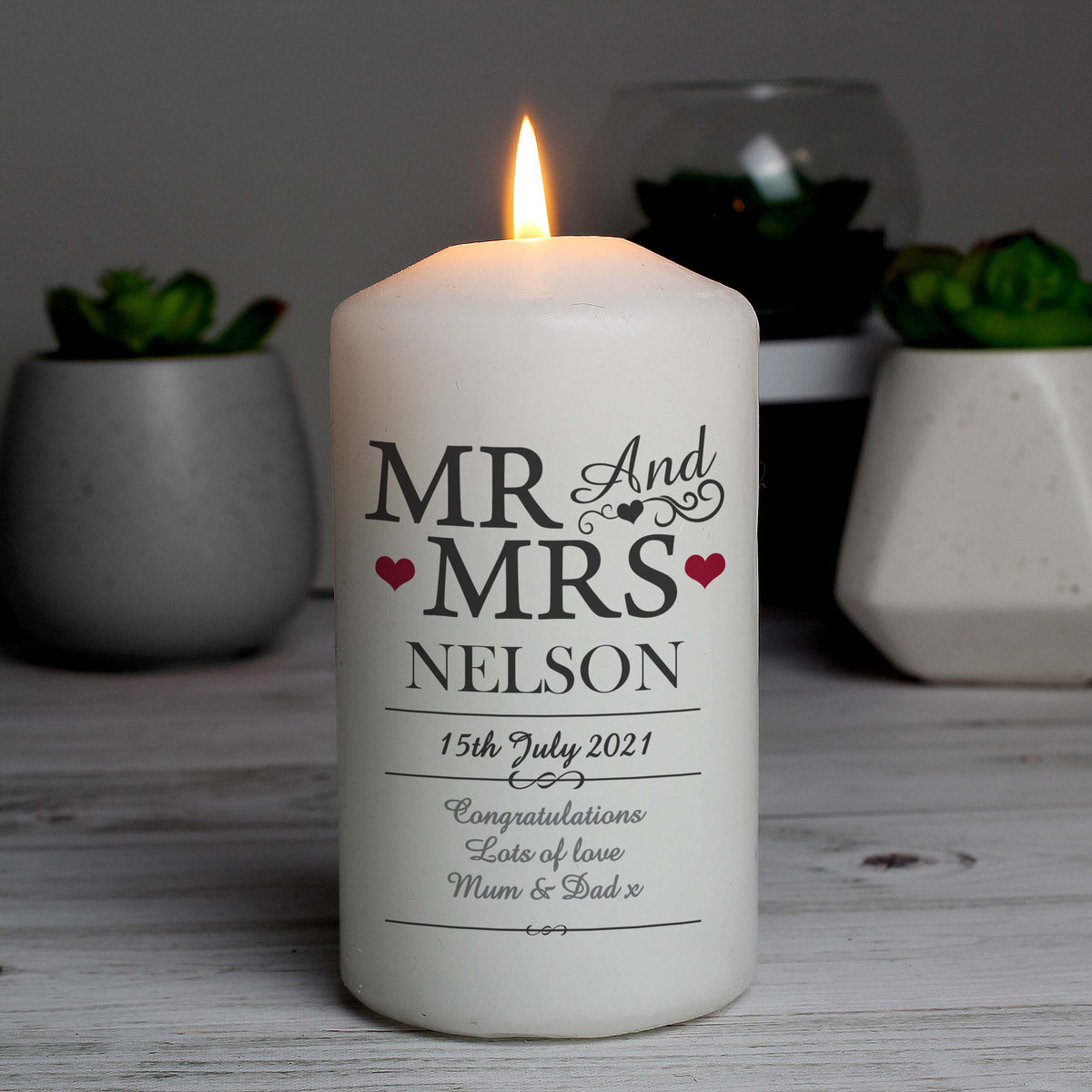 Personalised Mr & Mrs Pillar Candle with personalised text, view 2