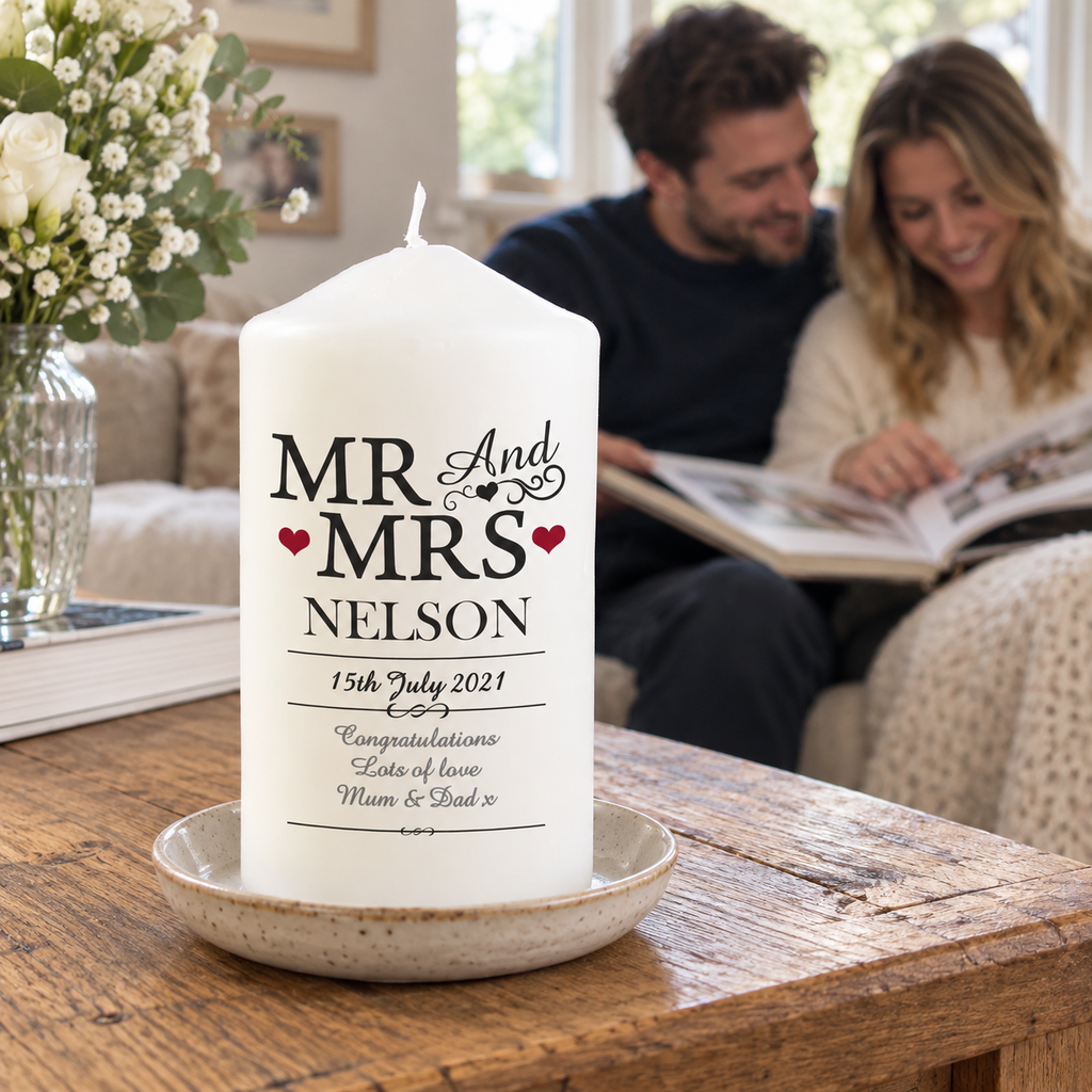 Personalised Mr & Mrs Pillar Candle on a coffee table with a couple behind