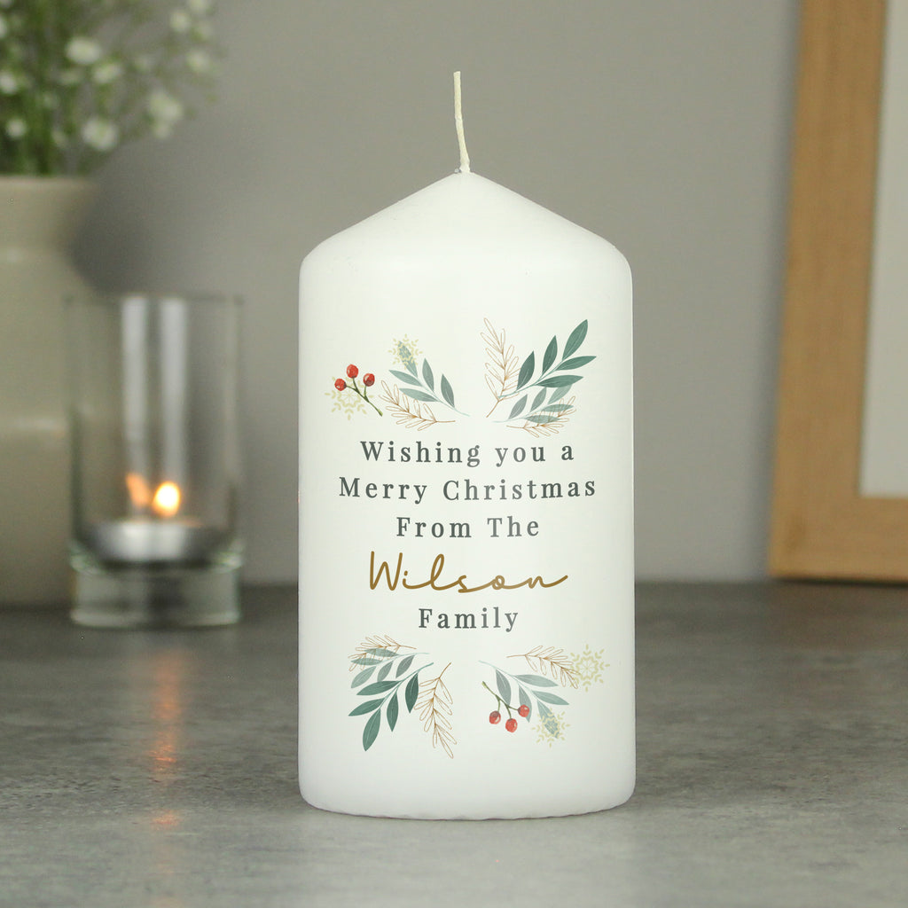 Personalised Christmas Foliage Pillar Candle with personalised text, view 2