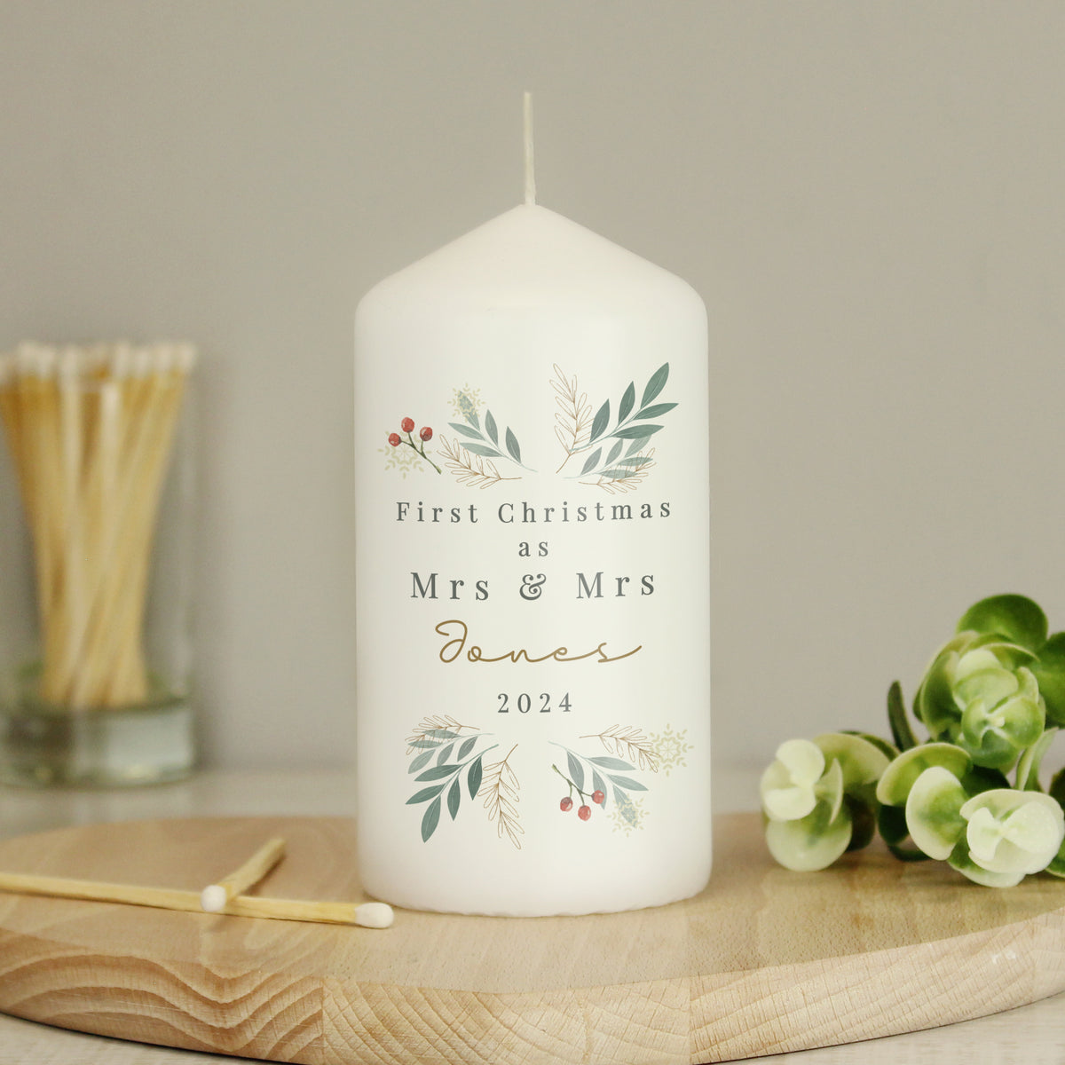 Personalised Christmas Foliage Pillar Candle with personalised text, view 3