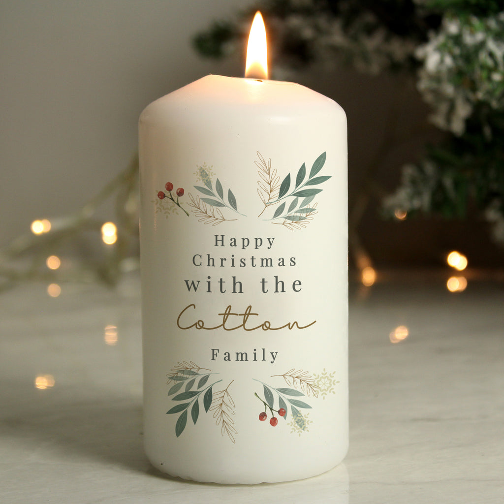 Personalised Christmas Foliage Pillar Candle with personalised text, view 5