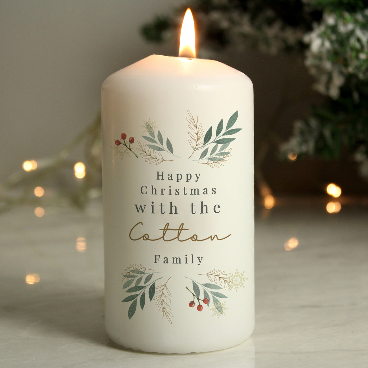 Personalised Christmas Foliage Pillar Candle with personalised text, view 5