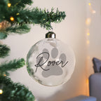 Personalised Paw Print Glass Christmas Bauble with personalised text, view 2