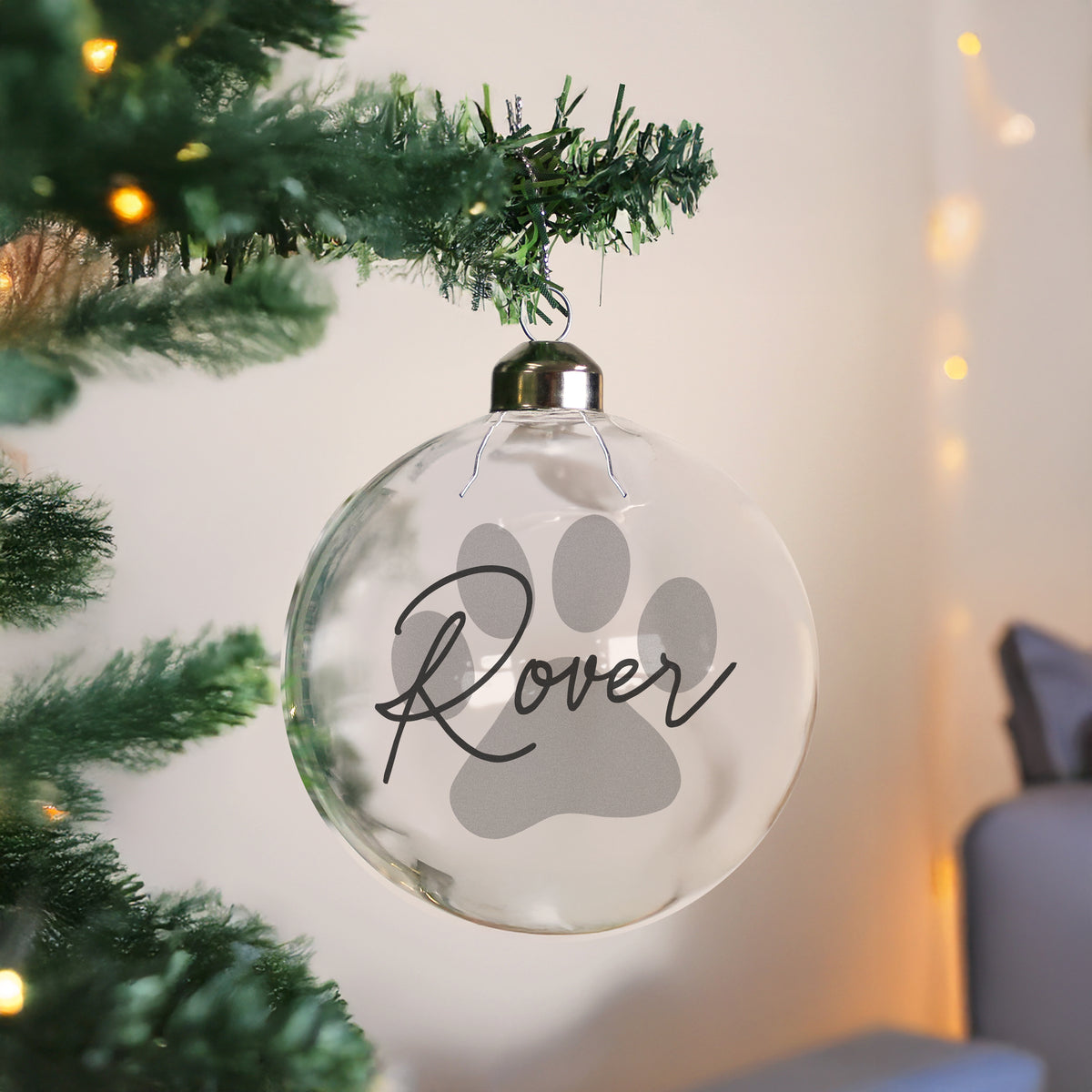 Personalised Paw Print Glass Christmas Bauble with personalised text, view 2