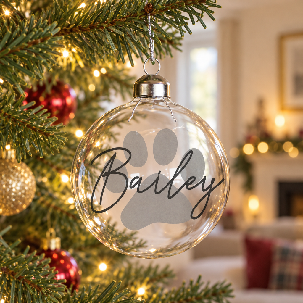 Personalised paw print glass Christmas bauble glowing on a lit tree