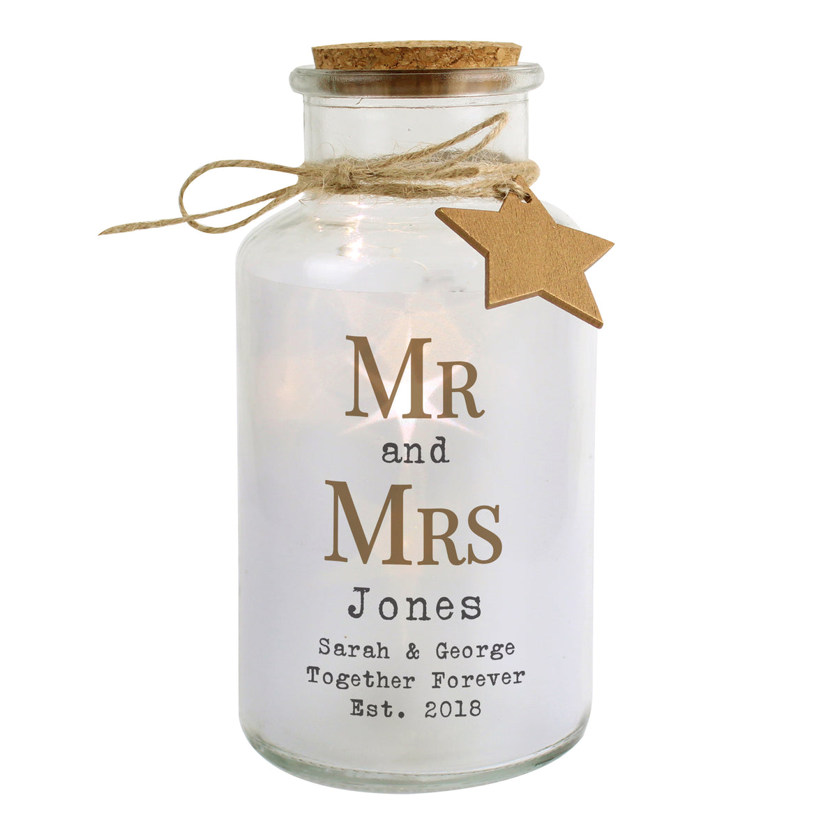 Personalised Mr & Mrs LED Glass Jar with personalised text, view 3