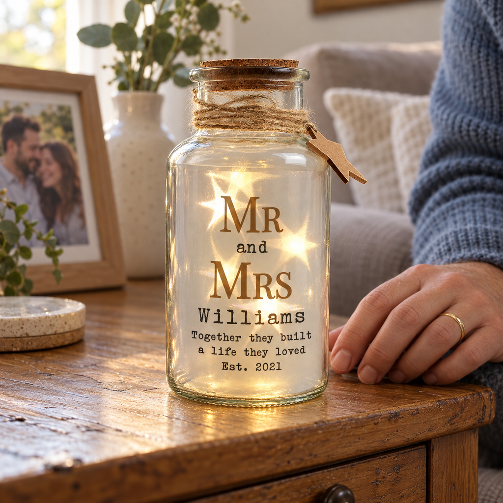 Personalised Mr & Mrs LED Glass Jar glowing on a side table