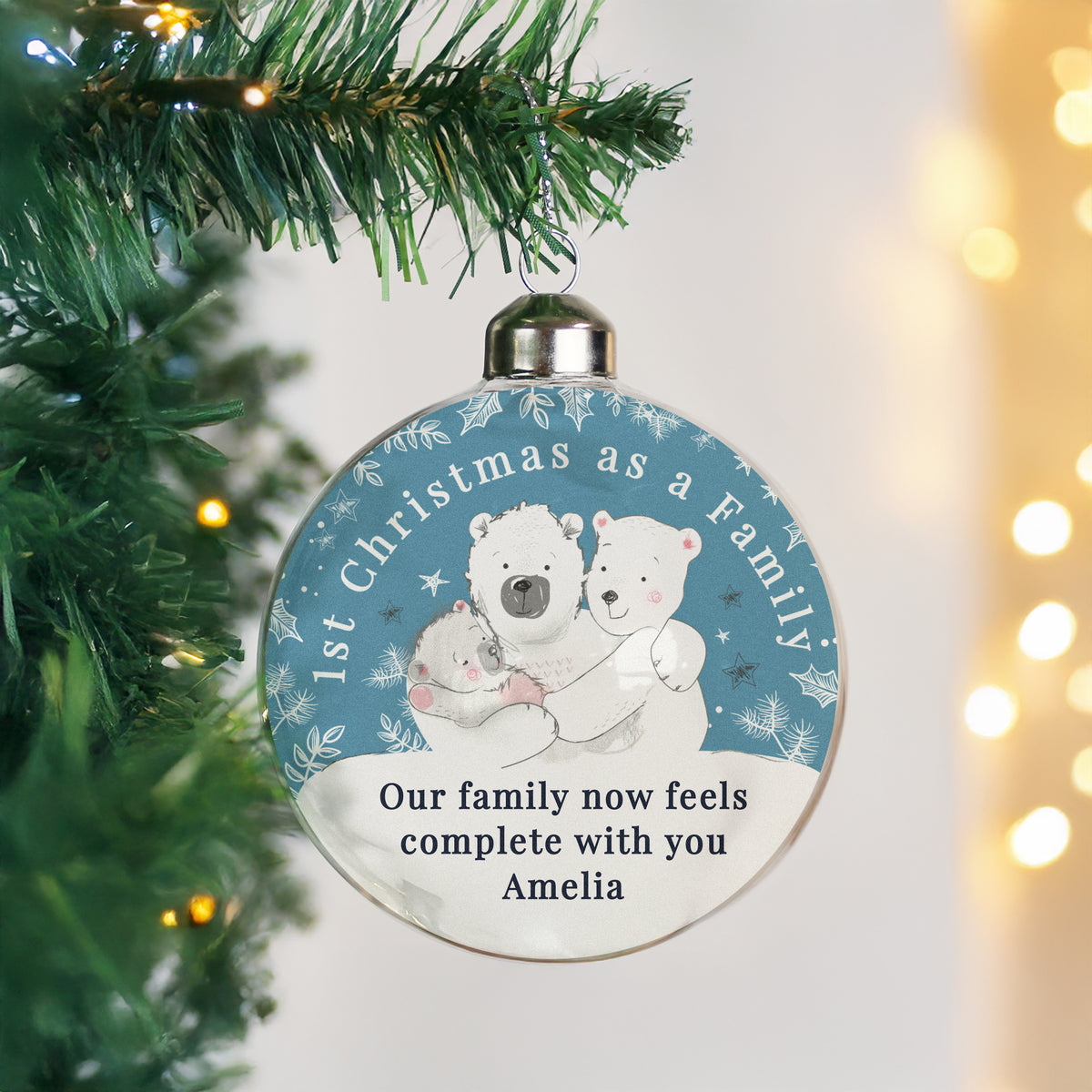 Personalised First Christmas as a Family Polar Bear Bauble with personalised text, view 4