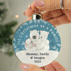 Personalised First Christmas as a Family polar bear bauble hanging on the tree