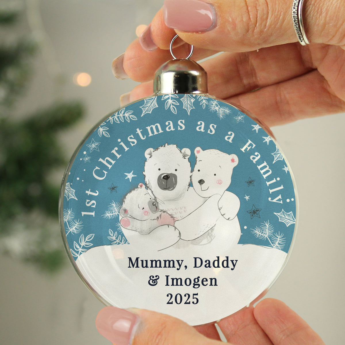 Personalised First Christmas as a Family polar bear bauble hanging on the tree
