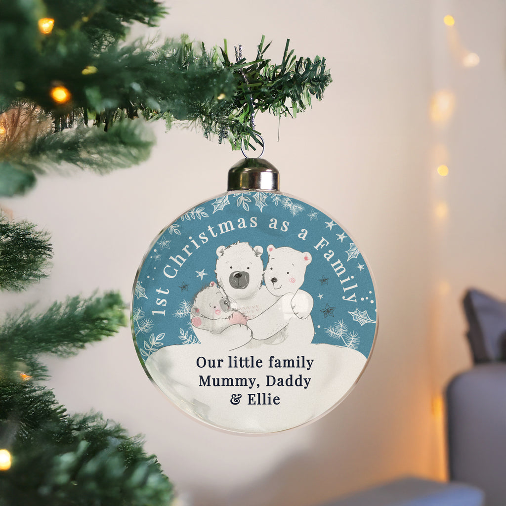 Personalised First Christmas as a Family Polar Bear Bauble with personalised text, view 2