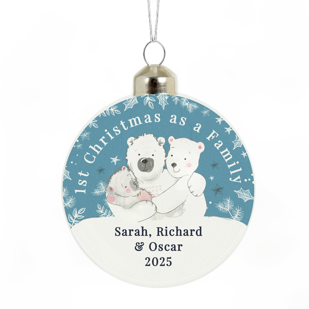 Personalised First Christmas as a Family Polar Bear Bauble with personalised text, view 3