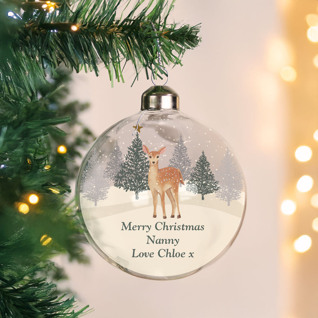 Personalised Christmas Deer Glass Bauble with personalised text, view 4