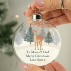 Personalised Christmas Deer Glass Bauble hanging on a Christmas tree