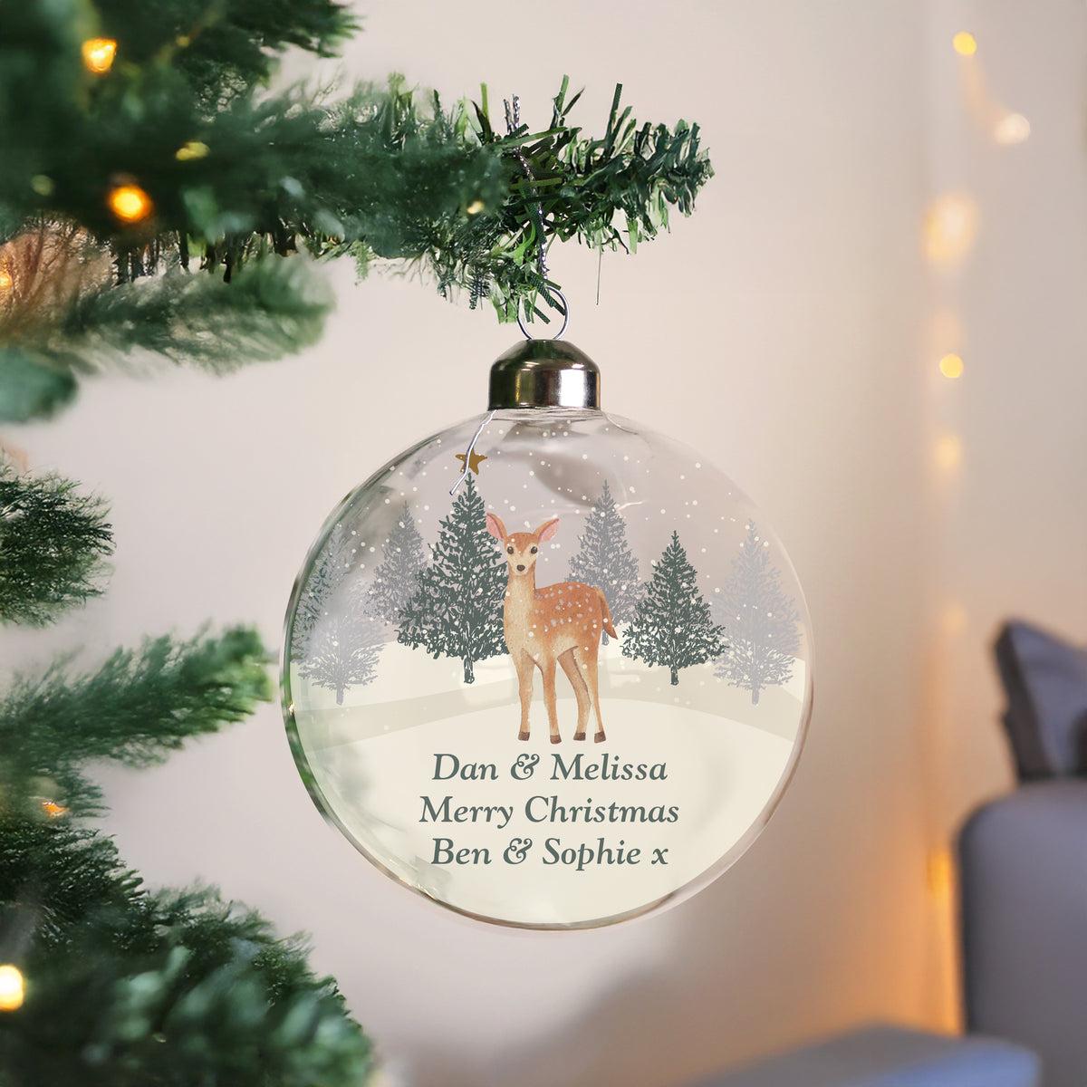 Personalised Christmas Deer Glass Bauble with personalised text, view 2