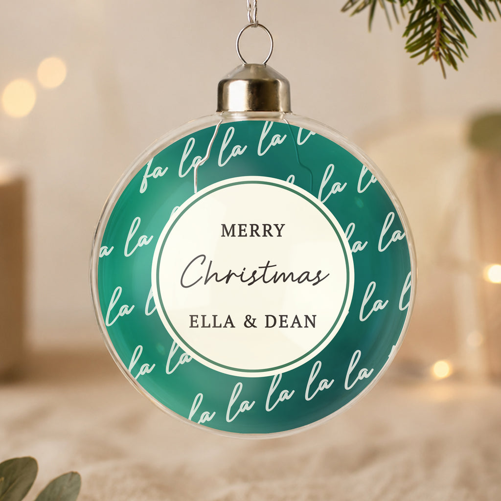 Personalised Fa La La Glass Bauble with personalised text, view 4